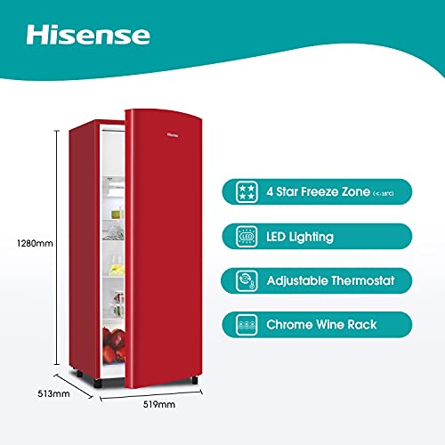 Hisense RR220D4ARF 52cm Freestanding Retro Fridge - 149 litre capacity - Auto Defrost - Wine Rack - Red - F Rated H128 x W51.9 x D51.3