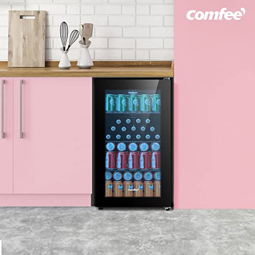 COMFEE' RCZ96BG1(E) Under Counter Beer Fridge, 93L Beverages & Drinks Fridge, LED Light, Removable Shelves, Economic Energy