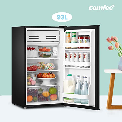 COMFEE' ‎RCD93BL1(E) Under Counter Fridge, 93L Fridge with Cooler Box for Drinks, Removable Glass Shelf, Reversible Door Hinge, Adjustable Legs, Black