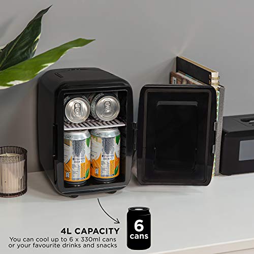 Russell Hobbs Mini Cooler RH4CLR1001B 4L/6 Can Portable Mini Cooler & Warmer for Drinks, Cosmetics/Makeup/Skincare, AC/DC Power, Retro Style, Black, For Bedroom, Home, Caravan, Car