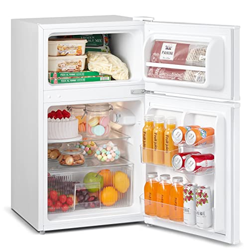 COMFEE' RCT87WH1(E) Under Counter Fridge Freezer, 87L Small Fridge Freezer with LED Light, Removable Shelves, Adjustable Thermostats and Legs, White
