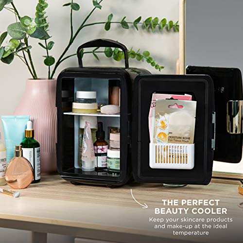 Russell Hobbs Mini Cooler RH4CLR1001B 4L/6 Can Portable Mini Cooler & Warmer for Drinks, Cosmetics/Makeup/Skincare, AC/DC Power, Retro Style, Black, For Bedroom, Home, Caravan, Car