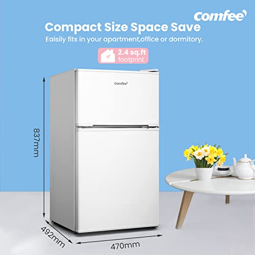 COMFEE' RCT87WH1(E) Under Counter Fridge Freezer, 87L Small Fridge Freezer with LED Light, Removable Shelves, Adjustable Thermostats and Legs, White