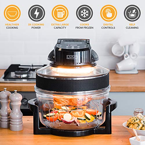 LIVIVO Digital 17L Halogen Oven Cooker Self Cleaning 1400W Element and Modern Controls, LED Display, Accessories Including Extender Ring and Trays… (Digital Black)