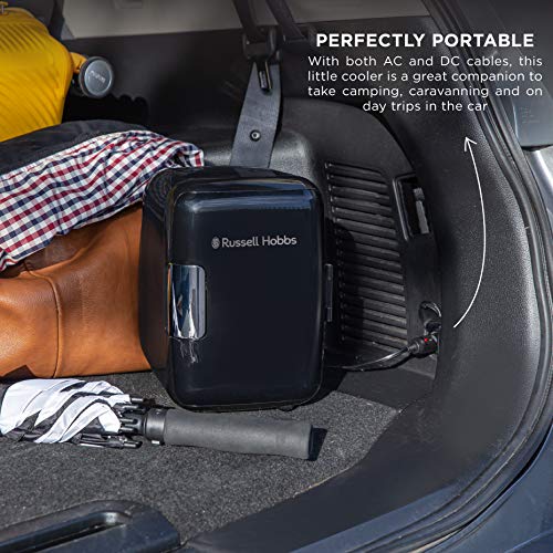 Russell Hobbs Mini Cooler RH4CLR1001B 4L/6 Can Portable Mini Cooler & Warmer for Drinks, Cosmetics/Makeup/Skincare, AC/DC Power, Retro Style, Black, For Bedroom, Home, Caravan, Car