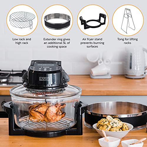 LIVIVO Digital 17L Halogen Oven Cooker Self Cleaning 1400W Element and Modern Controls, LED Display, Accessories Including Extender Ring and Trays… (Digital Black)