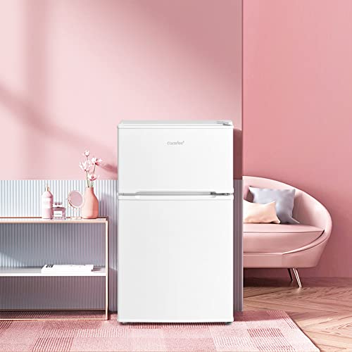 COMFEE' RCT87WH1(E) Under Counter Fridge Freezer, 87L Small Fridge Freezer with LED Light, Removable Shelves, Adjustable Thermostats and Legs, White