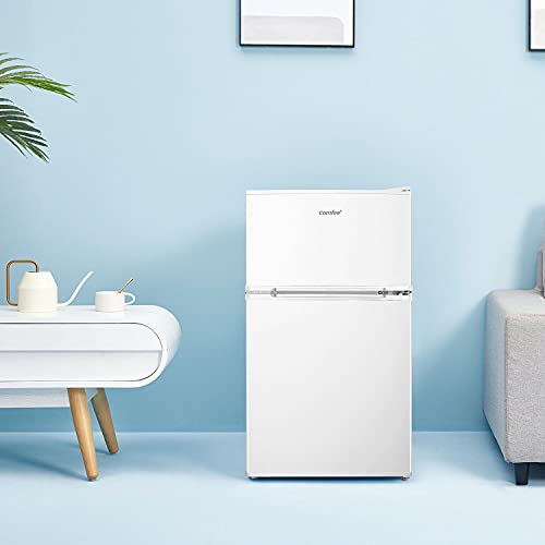 COMFEE' RCT87WH1(E) Under Counter Fridge Freezer, 87L Small Fridge Freezer with LED Light, Removable Shelves, Adjustable Thermostats and Legs, White
