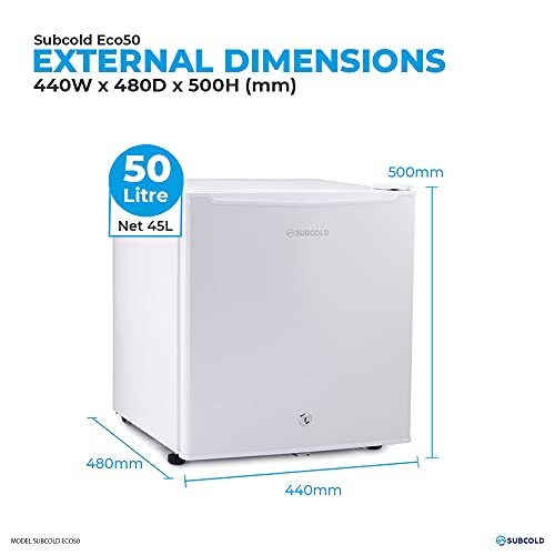 Subcold Eco50 Mini Fridge White | Table-Top Model | Counter-Top Fridge | Solid Door with Chiller Box | Lock & Key | Energy Efficient (50L, White)