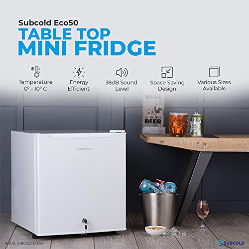 Subcold Eco50 Mini Fridge White | Table-Top Model | Counter-Top Fridge | Solid Door with Chiller Box | Lock & Key | Energy Efficient (50L, White)