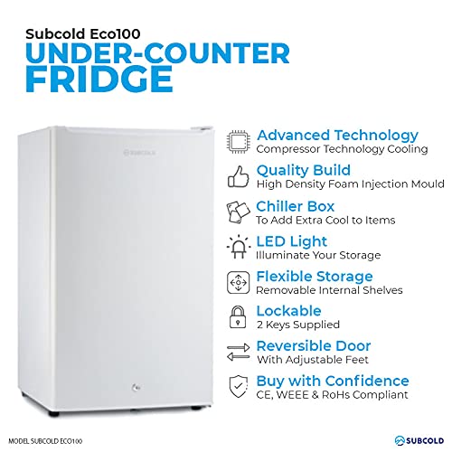 Subcold Eco100 LED Under-Counter White Fridge | Freestanding Refrigerator | Solid Door with Chiller Box | LED Light + Lock & Key | Energy Efficient (100L, White)