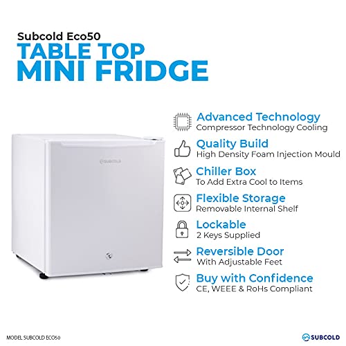 Subcold Eco50 Mini Fridge White | Table-Top Model | Counter-Top Fridge | Solid Door with Chiller Box | Lock & Key | Energy Efficient (50L, White)