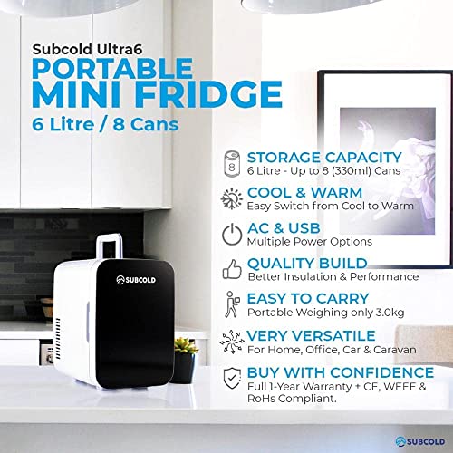 Subcold Ultra 6 Mini Fridge Cooler & Warmer | 3rd Gen | 6L capacity | Compact, Portable and Quiet | AC+USB Power Compatibility (Black)