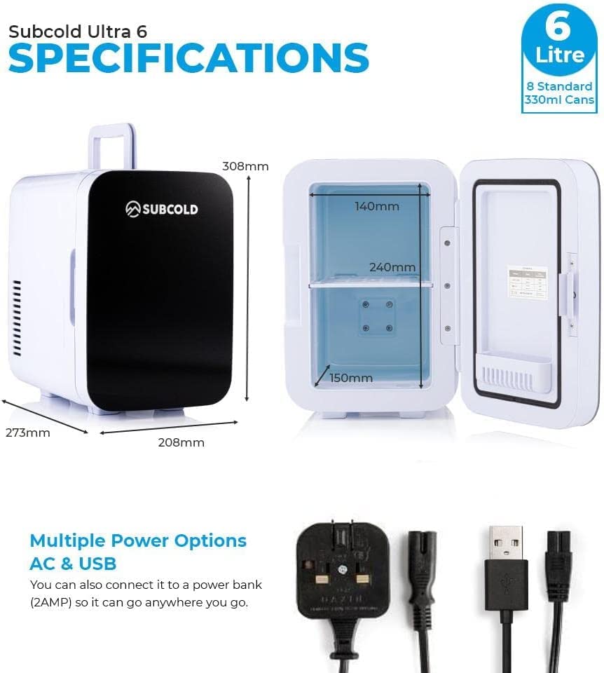 Subcold Ultra 6 Mini Fridge Cooler & Warmer | 3rd Gen | 6L capacity | Compact, Portable and Quiet | AC+USB Power Compatibility (Black)