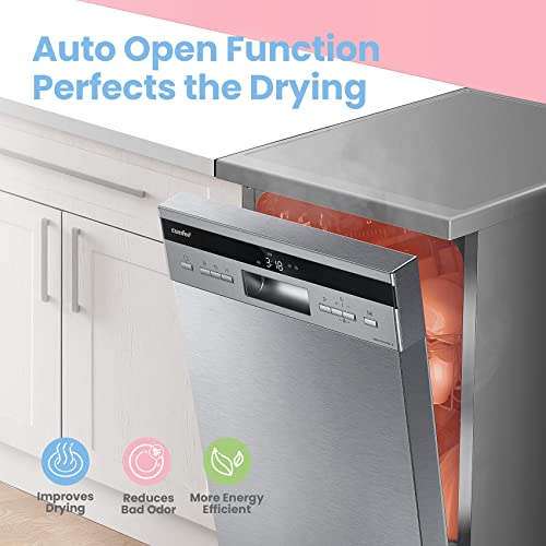 COMFEE' Slimline Freestanding Dishwasher FD1036E-X with 10 place settings, Whisper Quiet 44dB, Wide LED Display, Turbo Speed+,Delay Start, Flexible Racks,Stainless Steel