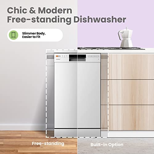 COMFEE' Slimline Freestanding Dishwasher FD934B-W with 9 place settings, Cloud Wash, Delay Start, Half Load Function, Flexible Racks - White