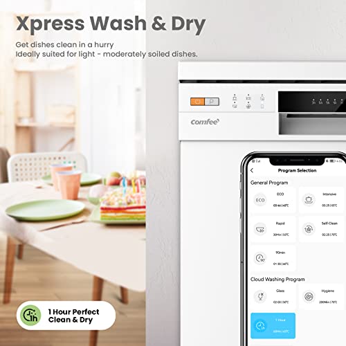 COMFEE' Slimline Freestanding Dishwasher FD934B-W with 9 place settings, Cloud Wash, Delay Start, Half Load Function, Flexible Racks - White