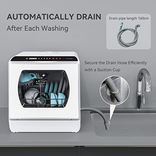 Hermitlux Mini Table Top Dishwasher, Countertop Dishwasher with 6 Programmes, 4 Place Settings, 5L Built-in Water Tank, Touch Control, Baby Care & Fruit Wash - White