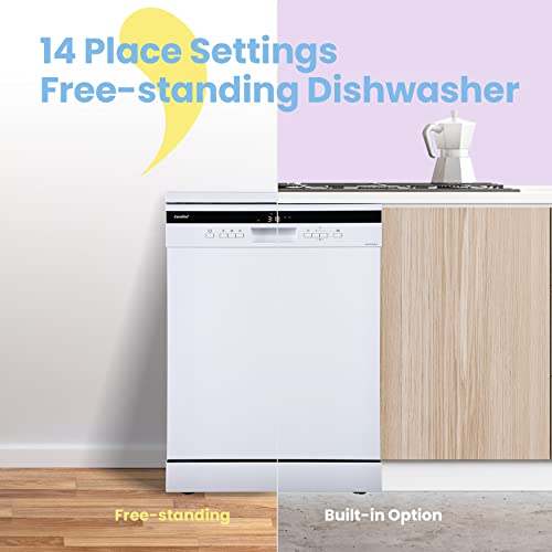 COMFEE' Freestanding Dishwasher FD1435E-W with 14 place settings, Full Size, 44dB, Wide LED Display, Delay Start, Half Load Function, Flexible Racks, White (KWH-FD1435E-W)