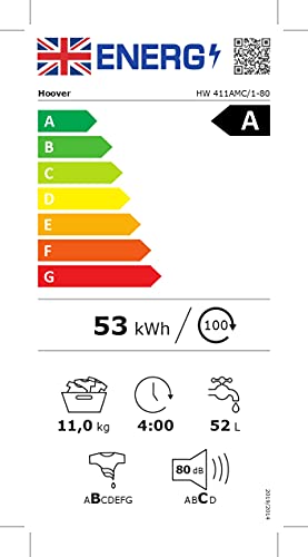 Hoover H-Wash 500 HW411AMC Freestanding Washing Machine, Large Capacity, 11 kg, 1400rpm, White, Decibel rating: 50, EU Acoustic Class: A