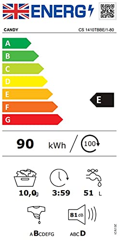 Candy Smart Pro CS1410TBBE Freestanding Washing Machine, 10 kg Load, 1400 rpm, Black