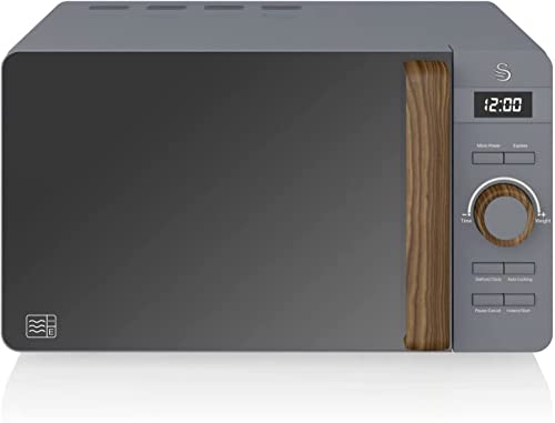 Swan 20L Nordic Digital LED Microwave, 6 Power Levels, Wood Effect Handle, Soft Touch Housing and Matte Finish, 800W, Slate Grey, SM22036LGRYN