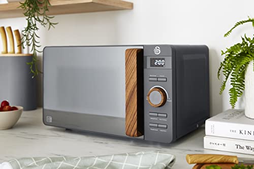 Swan 20L Nordic Digital LED Microwave, 6 Power Levels, Wood Effect Handle, Soft Touch Housing and Matte Finish, 800W, Slate Grey, SM22036LGRYN