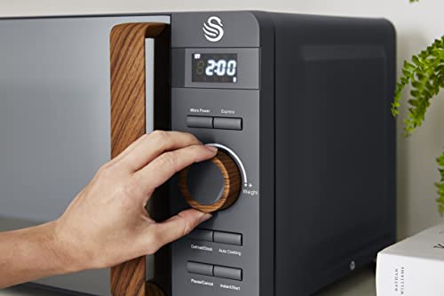 Swan 20L Nordic Digital LED Microwave, 6 Power Levels, Wood Effect Handle, Soft Touch Housing and Matte Finish, 800W, Slate Grey, SM22036LGRYN