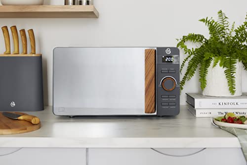 Swan 20L Nordic Digital LED Microwave, 6 Power Levels, Wood Effect Handle, Soft Touch Housing and Matte Finish, 800W, Slate Grey, SM22036LGRYN