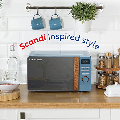 Russell Hobbs RHMD714BL 17 L 700 W Scandi Blue Digital Microwave with 5 Power Levels, Wood Effect Handle & Dials, Clock & Timer, Automatic Defrost, Easy Clean, 8 Auto Cook Menus [Energy Class D]