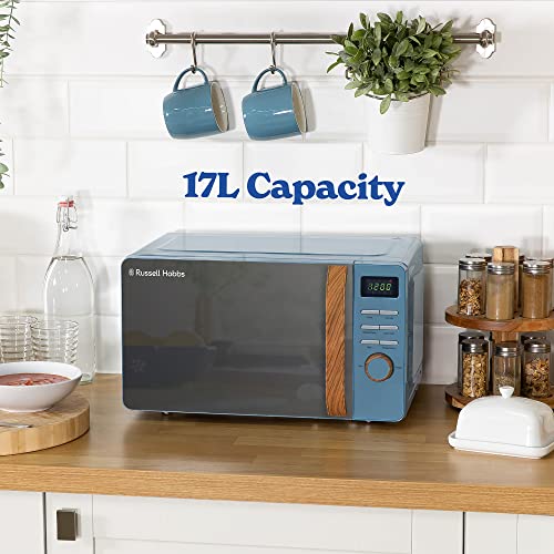 Russell Hobbs RHMD714BL 17 L 700 W Scandi Blue Digital Microwave with 5 Power Levels, Wood Effect Handle & Dials, Clock & Timer, Automatic Defrost, Easy Clean, 8 Auto Cook Menus [Energy Class D]