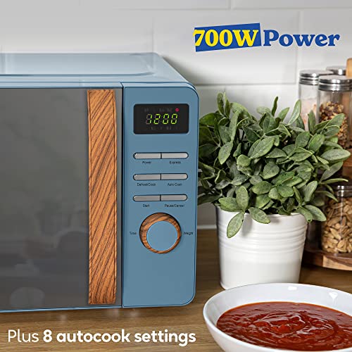 Russell Hobbs RHMD714BL 17 L 700 W Scandi Blue Digital Microwave with 5 Power Levels, Wood Effect Handle & Dials, Clock & Timer, Automatic Defrost, Easy Clean, 8 Auto Cook Menus [Energy Class D]
