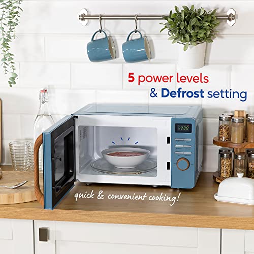 Russell Hobbs RHMD714BL 17 L 700 W Scandi Blue Digital Microwave with 5 Power Levels, Wood Effect Handle & Dials, Clock & Timer, Automatic Defrost, Easy Clean, 8 Auto Cook Menus [Energy Class D]