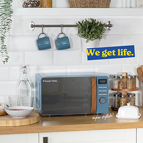 Russell Hobbs RHMD714BL 17 L 700 W Scandi Blue Digital Microwave with 5 Power Levels, Wood Effect Handle & Dials, Clock & Timer, Automatic Defrost, Easy Clean, 8 Auto Cook Menus [Energy Class D]