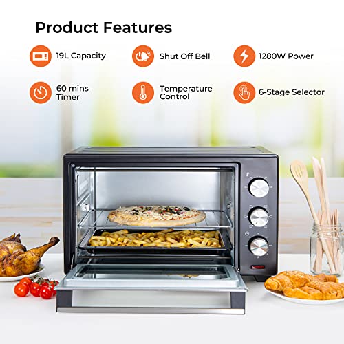 Geepas 19L Mini Oven and Grill – 1280W Countertop Electric Cooker with Rotisserie & 60 Mins Timer | 6 Selectors for Baking, Roasting & Grilling | Baking Tray & Wire Rack, Double Glass Door