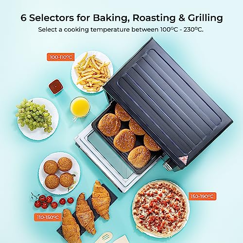Geepas 19L Mini Oven and Grill – 1280W Countertop Electric Cooker with Rotisserie & 60 Mins Timer | 6 Selectors for Baking, Roasting & Grilling | Baking Tray & Wire Rack, Double Glass Door