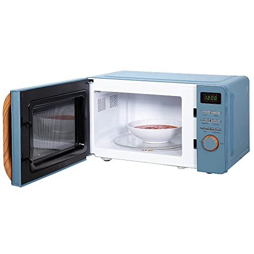 Russell Hobbs RHMD714BL 17 L 700 W Scandi Blue Digital Microwave with 5 Power Levels, Wood Effect Handle & Dials, Clock & Timer, Automatic Defrost, Easy Clean, 8 Auto Cook Menus [Energy Class D]