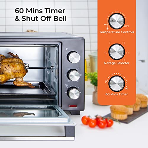 Geepas 19L Mini Oven and Grill – 1280W Countertop Electric Cooker with Rotisserie & 60 Mins Timer | 6 Selectors for Baking, Roasting & Grilling | Baking Tray & Wire Rack, Double Glass Door
