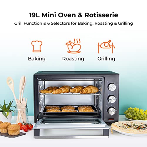 Geepas 19L Mini Oven and Grill – 1280W Countertop Electric Cooker with Rotisserie & 60 Mins Timer | 6 Selectors for Baking, Roasting & Grilling | Baking Tray & Wire Rack, Double Glass Door