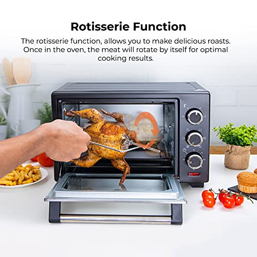 Geepas 19L Mini Oven and Grill – 1280W Countertop Electric Cooker with Rotisserie & 60 Mins Timer | 6 Selectors for Baking, Roasting & Grilling | Baking Tray & Wire Rack, Double Glass Door