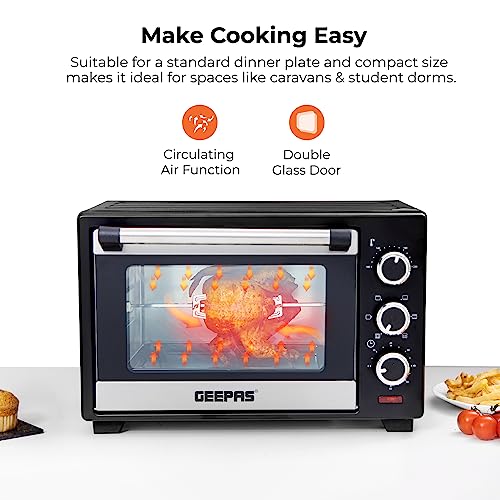 Geepas 19L Mini Oven and Grill – 1280W Countertop Electric Cooker with Rotisserie & 60 Mins Timer | 6 Selectors for Baking, Roasting & Grilling | Baking Tray & Wire Rack, Double Glass Door