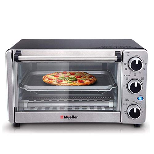 Toaster Oven 4 Slice, Multi-function Stainless Steel Finish with Timer - Toast - Bake - Broil Settings, Natural Convection - 1100 Watts of Power, Includes Baking Pan and Rack by Mueller Austria