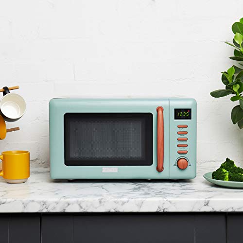 Haden Dorchester 20L Green Microwave Oven with Wood Effect Finish - 800 Watt Microwave, Digital Controls, 5 Power Levels - Ideal for Countertop, Small Kitchen Space