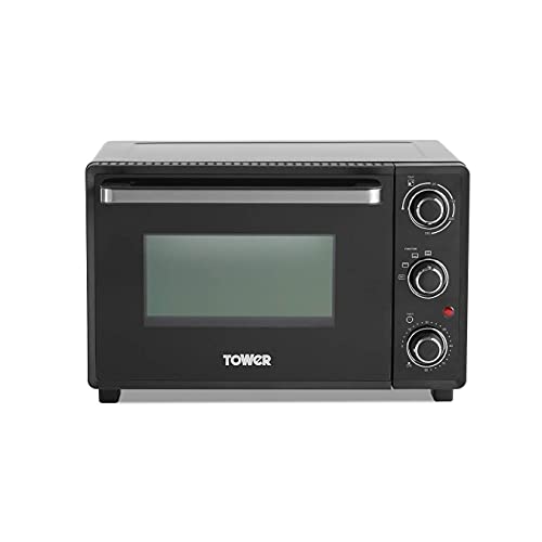 Tower T14043 Mini Oven with Adjustable Temperature Control, 90 Minute Timer, Baking Tray and Wire Rack, 23 Litre, Black with Silver Accents