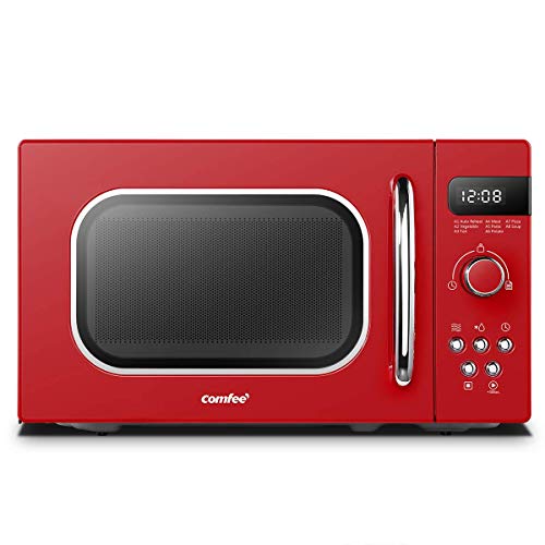 COMFEE' Retro Style 800w 20L Microwave Oven with 8 Auto Menus, 5 Cooking Power Levels, and Express Cook Button - Passionate Red - CM-M202RAF(RD)