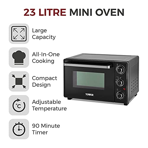 Tower T14043 Mini Oven with Adjustable Temperature Control, 90 Minute Timer, Baking Tray and Wire Rack, 23 Litre, Black with Silver Accents