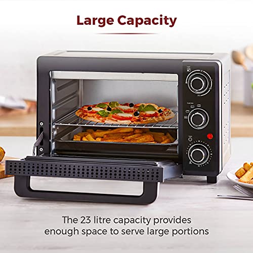 Tower T14043 Mini Oven with Adjustable Temperature Control, 90 Minute Timer, Baking Tray and Wire Rack, 23 Litre, Black with Silver Accents