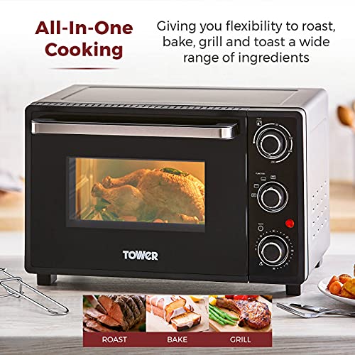 Tower T14043 Mini Oven with Adjustable Temperature Control, 90 Minute Timer, Baking Tray and Wire Rack, 23 Litre, Black with Silver Accents
