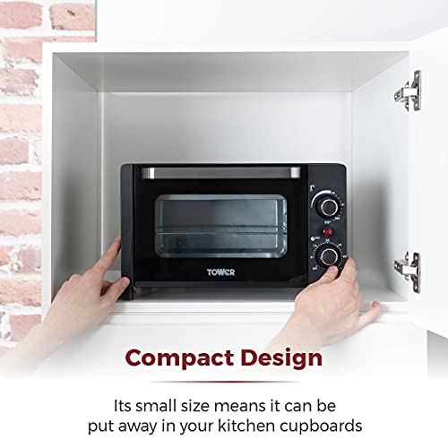 Tower T14043 Mini Oven with Adjustable Temperature Control, 90 Minute Timer, Baking Tray and Wire Rack, 23 Litre, Black with Silver Accents