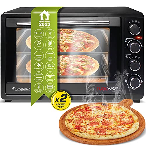 Counter Top Oven with Circulation Air 45 L Black 2000 W Rotisserie Timer Mini Oven Pizza Oven 2 Baking Trays Grill